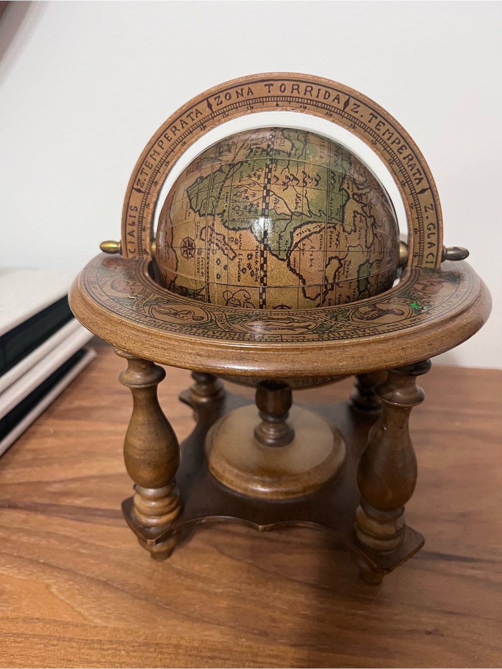Vintage Italian Desk Globe Wood Zodiac Astrology Map Mid Century Italy
